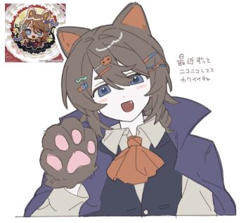 Rule 34 | 1boy, animal ears, animal hands, ascot, black vest, blue eyes, blush, brown hair, cape, cat ears, collared shirt, drill, edgar valden, fang, gloves, hair ornament, hairclip, halloween costume, hand up, head tilt, highres, identity v, long sleeves, looking at viewer, male focus, multiple hair clips, open mouth, paw gloves, reference inset, shirt, simple background, single drill, smile, solo, u0el t, upper body, vest, white background, white shirt