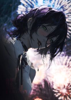1girl absurdres aerial_fireworks artist_name black_choker black_ribbon blood blood_from_mouth blush chainsaw_man choker closed_mouth ericathw fireworks green_eyes grenade_pin hair_between_eyes hair_bun highres looking_at_viewer neck_ribbon night outdoors purple_hair reze_(chainsaw_man) ribbon shirt sleeveless sleeveless_shirt solo white_shirt
