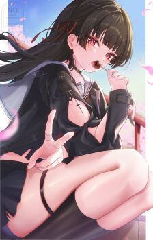 1girl arm_cutout black_choker black_hair black_jacket black_socks blue_sky candy chisa_(wuthering_waves) choker clothing_cutout collarbone commentary day fingernails food hair_ribbon highres holding holding_candy holding_food holding_lollipop jacket licking lollipop long_hair long_sleeves looking_at_viewer mole mole_under_eye netarou_(netarou_25) outdoors red_eyes red_ribbon ribbon sailor_collar sky socks solo squatting tacet_mark_(wuthering_waves) thigh_strap thighs v watermark white_sailor_collar wuthering_waves