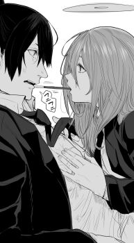 029tintin 2boys angel angel_devil_(chainsaw_man) angel_wings chainsaw_man commentary_request eye_contact food from_side greyscale halo hayakawa_aki heco_inu highres looking_at_another male_focus monochrome multiple_boys necktie pocky pocky_kiss shared_food simple_background teeth traditional_halo white_background wings yaoi