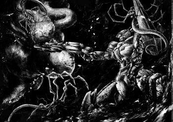 aiming alien commentary contra dark deviantart_username email_address english_commentary feet_out_of_frame gloomflower greyscale gun hatching heart hentai-foundry_username highres holding holding_gun holding_weapon lineart monochrome no_humans patreon_username probotector robot science_fiction shield signature standing turning_head twitter_username weapon