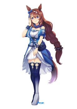 Rule 34 | 1girl, absurdres, animal ears, bag, bare shoulders, blue bag, blue bow, blue dress, blue eyes, blue scarf, blush, bow, braid, braided ponytail, breasts, brown hair, cleavage, closed mouth, commentary request, dress, ear bow, ear ribbon, hair between eyes, highres, horse ears, horse girl, horse tail, konsu (konsu1182da), large breasts, long hair, looking at viewer, low-tied long hair, multicolored hair, off-shoulder dress, off shoulder, scarf, shoulder bag, simple background, smile, solo, streaked hair, super creek (murmuring stream) (umamusume), super creek (umamusume), tail, umamusume, very long hair, white background, white hair