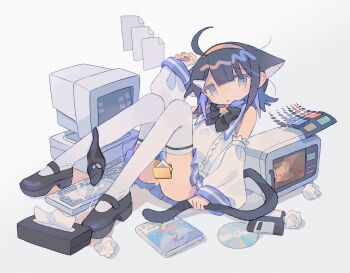 1girl ahoge animal_ears bare_shoulders black_bow black_bowtie black_hair black_panties black_shoes blue_sailor_collar blue_skirt book bow bowtie cat_ears cat_girl cat_tail cd censored commentary computer computer_keyboard crt cum daizu_(melon-lemon) detached_sleeves extra_ears female_focus file floppy_disk folder full_body grey_eyes hair_ornament hairband hairclip hand_up highres holding_own_tail knees_up loli long_sleeves looking_at_viewer lying mary_janes medium_hair microsoft_windows microwave miniskirt monitor no_nose novelty_censor on_back open_mouth original panties panties_around_leg parted_lips pleated_skirt pussy pussy_juice sailor_collar shirt shoes simple_background skirt sleeveless sleeveless_shirt sleeves_past_wrists solo star_(symbol) tail thighhighs tissue tissue_box underwear used_tissue white_background white_shirt white_sleeves white_thighhighs wide_sleeves windows_logo