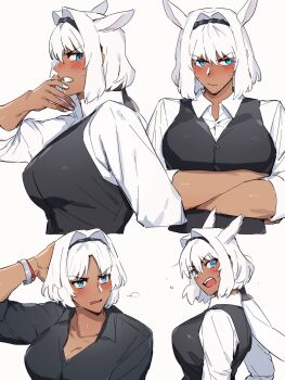 1girl alternate_costume animal_ears black_hairband black_shirt black_vest blue_eyes blush bracelet breasts caenis_(fate) cleavage clenched_teeth closed_mouth collared_shirt crossed_arms dark-skinned_female dark_skin extra_ears fate/grand_order fate_(series) hair_intakes hairband hand_on_own_head hand_to_own_mouth highres horse_ears jewelry long_hair low_ponytail multiple_views nail_polish open_mouth parted_lips ponytail ponytail_holder puff_of_air sabamori shirt simple_background sleeves_rolled_up sweat teeth vest white_background white_hair white_nails white_shirt