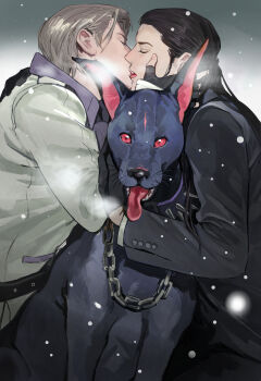 2boys absurdres bindi black_gloves black_hair black_jacket blonde_hair chain chain_leash closed_eyes coat collar collarbone commentary dark_nation final_fantasy final_fantasy_vii final_fantasy_vii_remake fingerless_gloves french_kiss gloves hair_slicked_back half_updo hand_in_another's_hair heavy_breathing highres jacket kiss leash male_focus multiple_boys red_eyes rufus_shinra shirt short_hair shou_rou snow snowing spiked_collar spikes symbol-only_commentary tongue tongue_out tseng white_coat white_shirt yaoi