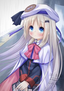 Rule 34 | 1girl, beret, blonde hair, blue eyes, blush, bow, bowtie, cloak, closed mouth, commentary request, hat, highres, kud wafter, kudpoid (71139), little busters!, little busters! school uniform, long hair, long sleeves, noumi kudryavka, pink bow, pink bowtie, school uniform, solo, very long hair, white cloak, white hat