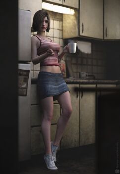 1girl 3d artist_request bare_legs bare_shoulders breasts brown_hair casual cleavage denim denim_skirt eileen_galvin full_body highres holding holding_cup kitchen lips medium_breasts navel shiny_skin short_hair silent_hill silent_hill_(series) silent_hill_4:_the_room skirt solo standing tank_top thighs wide_hips