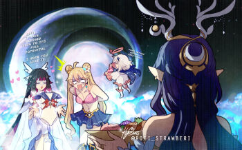 1boy 3girls aether_(genshin_impact) bishoujo_senshi_sailor_moon black_hair blush bra caught closed_eyes columbina_(genshin_impact) cosplay crossdressing crossdressing_(mtf) dress embarrassed eye_mask genshin_impact head_wings lauma_(genshin_impact) long_hair mask multicolored_hair multiple_girls paimon_(genshin_impact) pink_hair roti_strawberi sailor_moon sailor_moon_(cosplay) skirt streaked_hair thighs two-tone_hair underwear very_long_hair walk-in white_dress white_mask wings x-shaped_eyewear