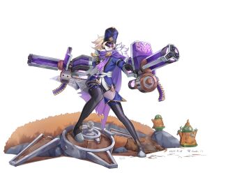 artist_request black_boots black_shorts blonde_hair blue_hat blue_jacket boots breasts cape cloak commentary_request eye_mask full_body genshin_impact gun hat holding holding_weapon jacket kan_(zwssg) large_breasts machine_gun mask open_mouth ponytail purple_scarf scarf shirt shorts smile standing thigh_boots thunderblitz_gvardiya_(genshin_impact) weapon white_shirt