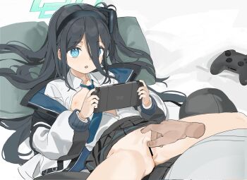 1boy 1girl :o aqua_halo aris_(blue_archive) bar_censor black_hair black_hairband blue_archive censored controller fingering flat_chest game_controller hair_between_eyes hairband halo handheld_game_console hetero highres holding holding_handheld_game_console loli nipples solo_focus spread_legs yuki_hotaru
