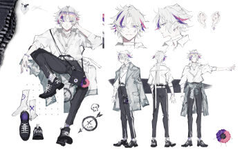 Rule 34 | 1boy, alternate costume, bag, bag charm, bead bracelet, beads, belt, black pants, black shoes, bracelet, charm (object), closed mouth, clothes around waist, coat, coat around waist, coat on shoulders, collared jacket, color guide, crew neck, cross-laced shoes, curtained hair, diamond-shaped earrings, ear piercing, earclip, earrings, eyewear on head, full body, fuwa minato, gradient-tinted eyewear, grey coat, hand on own cheek, hand on own face, hashtag-only commentary, heart (organ), highres, invisible chair, jacket, jacket tucked in, jewelry, knee up, long sleeves, looking at viewer, male focus, mismatched earrings, multicolored hair, multiple views, nail polish, necklace, nijisanji, open clothes, open jacket, outstretched arm, pants, parody, pendant, piercing, pink hair, print socks, profile, purple eyes, purple hair, purple nails, reference sheet, ribbed socks, shirt, shoes, short hair, shoulder bag, signature, simple background, sitting, smile, socks, solo, spread legs, standing, straight-on, streaked hair, sunglasses, three-quarter sleeves, tinted eyewear, turnaround, unworn coat, virtual youtuber, white background, white belt, white hair, white jacket, white shirt, white socks, xdakn