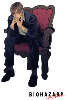 Rule 34 | 1boy, blue eyes, blue jacket, brown hair, chair, collared shirt, commentary request, elbows on knees, full body, highres, jacket, leaning forward, leon s. kennedy, looking at viewer, lounge chair, male focus, ncle 69, open clothes, open jacket, own hands clasped, own hands together, resident evil, resident evil 7: biohazard, shirt, short hair, sitting, solo, white shirt