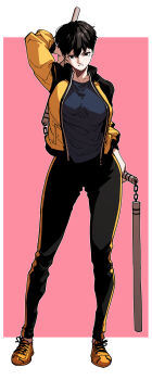 1girl absurdres arm_up black_eyes black_hair black_jacket black_pants blue_shirt breasts commentary_request full_body highres holding holding_nunchaku holding_weapon jacket korean_commentary long_sleeves looking_at_viewer nunchaku open_clothes open_jacket orange_jacket orange_pants orange_shoes original pants pink_background rocklobster52s ryu_jion_(rocklobster52s) shirt shoes short_hair solo standing striped_clothes striped_pants tomboy v-shaped_eyebrows vertical-striped_clothes vertical-striped_pants weapon