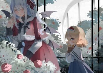 2girls absurdres aged_down alice_margatroid black_bow black_bowtie blonde_hair blue_dress blush book bow bowtie breasts bush capelet child closed_eyes commentary demon_wings double-parted_bangs dress expressionless flower frilled_hairband frills garden grey_hair hair_intakes hairband high-waist_skirt highres holding holding_book hugging_book hugging_object large_breasts long_sleeves looking_at_viewer multiple_girls multiple_wings no_noru one_side_up outdoors red_capelet red_flower red_rose red_skirt rose shinki_(touhou) shirt sidelocks sideways_glance skirt smile touhou touhou_(pc-98) white_capelet white_shirt wings
