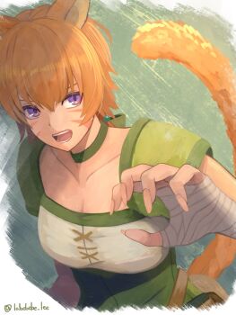1girl animal_ears breasts cat_ears cat_girl cat_tail choker cleavage collarbone commentary_request facial_mark fire_emblem fire_emblem:_path_of_radiance green_choker green_tunic highres labebebe_lee laguz_(fire_emblem) lethe_(fire_emblem) looking_at_viewer medium_breasts nintendo open_mouth orange_hair orange_tail purple_eyes short_hair solo tail teeth tunic upper_body whisker_markings