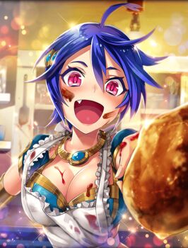 1girl adapted_costume ahoge alternate_costume apron artist_request blue_bra blush bra bracelet breasts chocolate chocolate_on_body chocolate_on_breasts chocolate_on_clothes chocolate_on_face cleavage fang food food_on_body food_on_face holding holding_food jewelry large_breasts looking_at_viewer necklace official_art open_mouth phantom_of_the_kill pink_eyes purple_hair smile trishula_(phantom_of_the_kill) underwear white_apron