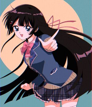 1980s_(style) 1girl :d black_hair blazer blue_eyes blue_jacket blush bow bowtie braid brown_sweater cowboy_shot eyelashes floating_hair frilled_skirt frills grey_skirt hair_ornament hair_ribbon hairclip half_up_braid hanadi_detazo highres index_finger_raised jacket lapels leaning_forward long_hair long_sleeves looking_at_viewer miniskirt nijisanji oldschool open_mouth pink_bow pink_bowtie pink_ribbon plaid_clothes plaid_lapels plaid_skirt retro_artstyle ribbon skirt smile solo standing sweater tsukino_mito tsukino_mito_(1st_costume) unmoving_pattern very_long_hair virtual_youtuber