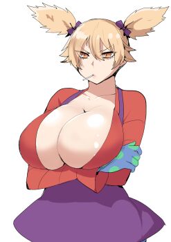 1girl angelica_pickles angelica_pickles_(cosplay) blonde_hair blue_gloves bow breast_lift breasts cleavage collarbone cosplay crossed_arms gloves hair_between_eyes highres huge_breasts momokusa_yomogi mouth_hold purple_bow purple_skirt red_shirt rice_grg rugrats shirt short_hair simple_background skirt solo standing tougen_anki twintails white_background yellow_eyes