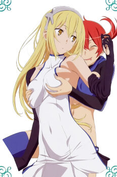 10s 2girls :d :o ^_^ absurdres aiz_wallenstein arm_at_side bare_shoulders black_gloves black_hoodie blonde_hair blue_legwear breasts closed_eyes covered_navel dress drooling dungeon_ni_deai_wo_motomeru_no_wa_machigatteiru_darou_ka elbow_gloves female_focus female_pervert gloves grabbing_another&#039;s_breast grabbing_from_behind groping hair_between_eyes hairband headgear headpiece highres hood hoodie kimoto_shigeki large_breasts loki_(danmachi) long_hair long_sleeves looking_at_another looking_back midriff multiple_girls naughty_face navel non-web_source official_art open_mouth pervert pleated_dress ponytail red_hair short_dress short_hair sideboob silver_hairband sleeveless sleeveless_dress sleeveless_turtleneck smile sword_oratoria thighhighs turtleneck white_background white_dress yellow_eyes yuri