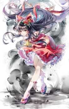 1girl arms_behind_back arms_up ascot black_hair bow brown_eyes closed_mouth commentary_request detached_sleeves embellished_costume floral_print flower frilled_bow frilled_hair_tubes frilled_skirt frills hair_bow hair_flower hair_ornament hair_tubes hakurei_reimu highres long_hair nanop38 print_skirt red_bow red_skirt ribbon-trimmed_sleeves ribbon_trim sandals skirt skirt_set smile socks solo touhou very_long_hair white_socks yellow_ascot