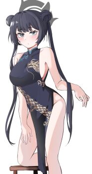 1girl absurdres bare_arms bare_shoulders beerbear_7321 black_dress black_hair blue_archive braid braided_bun breasts china_dress chinese_clothes commentary double_bun dragon_print dress grey_eyes hair_bun halo hand_on_own_thigh highres kisaki_(blue_archive) long_hair medium_breasts no_jacket no_panties pelvic_curtain print_dress simple_background sleeveless sleeveless_dress solo stool thighs twintails very_long_hair white_background