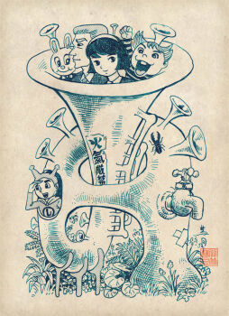 1boy 3girls animal antennae arm_up bandaid beetle bow bowtie buck_teeth bug butterfly cape crossed_bandaids faucet flower formal_clothes fractal_underground_studio grass hairband insect instrument jacket long_sleeves monochrome multiple_girls necktie open_mouth original plant rabbit shirt short_hair smile stag_beetle striped_necktie suit teeth traditional_media tuba