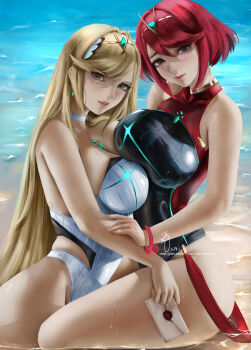 2girls asymmetrical_docking beach black_one-piece_swimsuit blonde_hair breast_press breasts choker circlet closed_mouth core_crystal_(xenoblade) earrings highres holding jewelry large_breasts lips long_hair looking_at_viewer medium_hair multiple_girls mythra_(radiant_beach)_(xenoblade) mythra_(xenoblade) nintendo one-piece_swimsuit outdoors pyra_(pro_swimmer)_(xenoblade) pyra_(xenoblade) red_eyes red_hair sand strapless strapless_one-piece_swimsuit super_smash_bros. swimsuit very_long_hair water wei_(promise_0820) wet wet_clothes wet_swimsuit white_choker white_one-piece_swimsuit xenoblade_chronicles_(series) xenoblade_chronicles_2 yellow_eyes