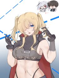 1boy 2girls alternate_hairstyle black_cloak black_gloves blonde_hair blue_eyes blush bodysuit breasts brown_hair cinderella_(nikke) cleavage cloak comb commander_(nikke) commentary_request crop_top cropped_shirt faceless faceless_male gloves goddess_of_victory:_nikke grave_(nikke) hair_between_eyes hair_over_one_eye highres holding holding_comb hood hood_down hooded_cloak large_breasts long_hair looking_at_viewer metal_gloves midriff multiple_girls multiple_scars navel no_mask open_mouth red_eyes scar scar_on_stomach see-through_bodysuit see-through_clothes shirt short_hair sidelocks single_bare_shoulder sleeveless sleeveless_shirt solo_focus standing thumbs_up twintails uko_tiao white_bodysuit white_hair