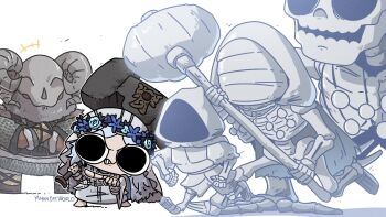 1boy 1girl blue_eyes bone braid chibi doll_joints dress elden_ring elden_ring_nightreign flower flower_wreath ghost hammer head_wreath highres jewelry joints long_hair low_twin_braids miyan_(oceanmaiden) parody raider_(elden_ring) revenant_(elden_ring) twin_braids veil weapon white_background white_dress white_hair white_veil