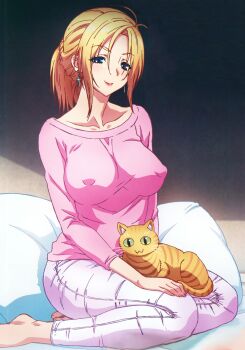 1boy 1girl 2011 age_difference ahoge animal blonde_hair blue_eyes breasts cat colored_eyelashes covered_erect_nipples cross cross_earrings denim earrings female_focus bad_tag game_cg green_eyes highres indoors jellyfish_(company) jewelry kamimura_akiko keisuke_(sisters) kouzaka_kouhei large_breasts latin_cross lips mature_female no_bra older_female_and_younger_male pants peace peaceful_expression peaceful_smile pet pillow ponytail sisters_~natsu_no_saigo_no_hi~ smile smiley_face stepmother_and_stepson tabby_cat tail taki_minashika tight_clothes tight_pants