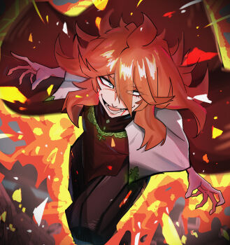 1girl absurdres black_clover blood blood_from_mouth blue_eyes capelet eyeshadow fire from_above hair_between_eyes hands_up highres long_hair looking_at_viewer looking_up makeup mereoleona_vermillion open_mouth orange_hair pyrokinesis red_eyeshadow red_robe robe smile solo user_sfck8533 v-shaped_eyebrows white_capelet