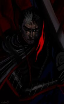 Rule 34 | 1boy, absurdres, angry, armor, beast of darkness (berserk), berserk, berserker armor, black armor, black cape, black hair, cape, commentary, dim lighting, dragonslayer (sword), english commentary, facial scar, frown, guts (berserk), highres, holding, holding sword, holding weapon, huge weapon, looking at viewer, male focus, multicolored hair, namnums, one eye closed, scar, scar on cheek, scar on face, short hair, solo, sword, two-tone hair, upper body, v-shaped eyebrows, weapon, white hair