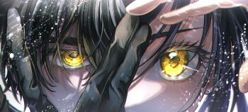 1boy 1girl black_gloves black_hair close-up eye_focus gloves hand_over_face highres kamisaki_hikaru medalist_(manga) sasakura34 split_screen symbolism yellow_eyes yodaka_jun