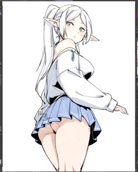 1girl alternate_breast_size_(larger) artist_name ass blue_skirt breasts commentary earrings elf english_commentary frieren grey_hair jewelry kneepits large_breasts long_hair looking_back parted_bangs pleated_skirt pointy_ears relaxjon shirt simple_background skirt sleeves_past_wrists solo sousou_no_frieren thick_eyebrows thighs underbutt white_background white_shirt