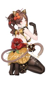 1girl adapted_costume artist_name black_gloves black_pantyhose blonde_hair breasts brown_hair cat_tail chiori_(genshin_impact) closed_mouth colored_inner_hair drill_hair drill_ponytail expressionless feet from_behind full_body genshin_impact gloves hair_ornament hairpin highres janload1ng kneeling looking_at_viewer looking_back medium_hair multicolored_hair no_shoes obi pantyhose red_eyes sash side_ponytail sideboob signature skirt soles streaked_hair tail yellow_skirt