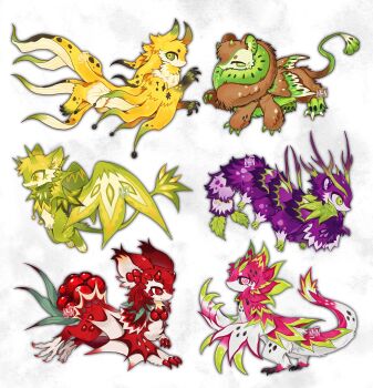 artist_name bairizuomeng caterpillar claws creature creature_focus dragon_fruit extra_arms food fruit full_body green_eyes highres horns kiwi_(fruit) no_humans original pink_eyes pomegranate red_eyes simple_background star-shaped_pupils star_(symbol) symbol-shaped_pupils tail white_background wings