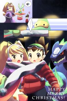Rule 34 | 2boys, 2girls, ?, absurdres, blonde hair, blush, bow, brown hair, commentary request, drill hair, eyewear on head, geo stelar (mega man), hair bow, highres, jacket, long hair, luna platz (mega man), mega man (series), mega man star force (series), mega man star force 3, merry christmas, multiple boys, multiple girls, omega-xis (mega man), open mouth, red eyes, red jacket, scarf, twin drills, vogue (mega man), winter clothes, yaduki seimu