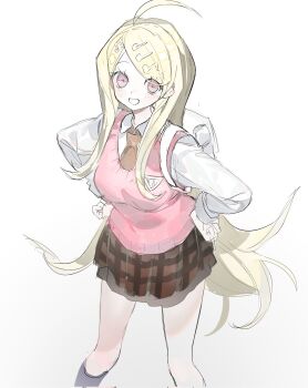 Rule 34 | 1girl, :d, ahoge, akamatsu kaede, backpack, bag, blonde hair, blush, breasts, collared shirt, commentary, danganronpa (series), danganronpa v3: killing harmony, fortissimo, hair ornament, happybiirthd, highres, large breasts, long hair, long sleeves, looking at viewer, miniskirt, musical note, musical note hair ornament, necktie, open mouth, pink sweater vest, pleated skirt, shirt, simple background, skirt, smile, sweater vest, untranslatable commentary, vest, white background, white bag, white shirt