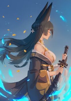 1girl animal_ear_fluff animal_ears black_dress black_hair blue_sky breasts closed_eyes closed_mouth commentary dress english_commentary falling_leaves flower fox_ears fox_girl from_side hair_flower hair_ornament highres holding holding_sword holding_weapon hoshimi_miyabi hoshimi_miyabi_(dignified_blossom) katana large_breasts leaf long_hair official_alternate_costume sheath sheathed sideboob sky solo sword two-tone_dress weapon wernope white_dress white_flower zenless_zone_zero