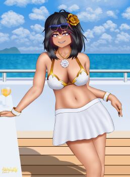 Rule 34 | absurdres, american flag, bikini, black hair, breasts, cleavage, commentary request, flower, golden rose, highres, huge breasts, jewelry, medium hair, navel, original, rose, shadeception, skirt, smile, sunglasses, swimsuit, thighs, white skirt, yacht, yellow eyes