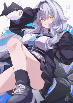 Rule 34 | 1girl, air bubble, arm up, ass, black gloves, black jacket, black panties, black shoes, black skirt, black socks, blue necktie, bubble, collared shirt, commentary request, dress shirt, fingerless gloves, gloves, grey background, grey hair, hair between eyes, hair intakes, hand up, highres, jacket, long hair, long sleeves, natsuki teru, necktie, open clothes, open jacket, orange eyes, panties, pleated skirt, puffy long sleeves, puffy sleeves, ribbed socks, rurune (vrchat), shirt, shoes, simple background, skirt, sleeves past wrists, socks, solo, tail, tie clip, underwear, v, vrchat, white shirt