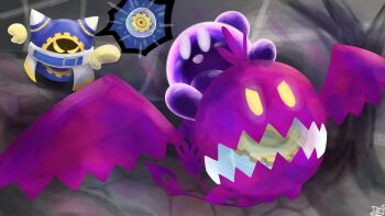 angry animal_ears arm_up aura bare_tree belt belt_buckle belt_collar blue_belt blue_hood blush_stickers buckle cape collar colored_skin commentary_request covered_mouth dark_aura doomer_(kirby) ear_covers gear_print gears gloves glowing grey_background happy highres kirby&#039;s_return_to_dream_land kirby_(series) magolor nintendo no_humans open_mouth outstretched_arms purple_skin rayman_limbs riding scarf shadow_kirby signature smile solid_oval_eyes sphere_doomer spoken_object spread_wings suyasuyabi tree v-shaped_eyes white_cape white_eyes white_gloves white_scarf yellow_eyes