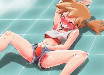 1girl adapted_costume animated animated_gif ass asymmetrical_hair bare_legs bed blue_eyes breasts denim denim_shorts female_masturbation fingering gym_leader hand_in_panties kusugurijin legs masturbation misty_(pokemon) nintendo orange_hair panties pokemon pokemon_lgpe ponytail pussy red_hair shin_(kusugurijin) shirt short_hair short_shorts shorts side_ponytail simple_background solo spread_legs sweat sweatdrop thighs underwear upshorts white_shirt