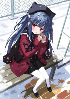1girl black_skirt blue_hair blush can commentary_request eluthel fence hat highres holding idolmaster idolmaster_cinderella_girls long_hair looking_at_viewer pantyhose red_eyes sajo_yukimi scarf shirt sitting skirt snow solo white_pantyhose