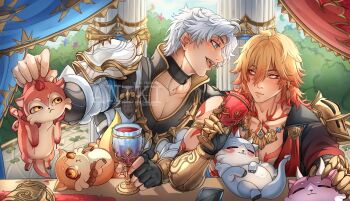 Rule 34 | 2boys, absurdres, anikisart, antenna hair, arm tattoo, armlet, armor, black choker, black coat, black gloves, black shirt, blonde hair, blue eyes, braid, chest tattoo, chimera (honkai: star rail), choker, clawed gauntlets, coat, commentary, cup, earrings, english commentary, facial tattoo, fingerless gloves, gloves, gold earrings, gold necklace, gradient hair, highres, holding, holding cup, honkai: star rail, honkai (series), jewelry, male focus, medium hair, multicolored hair, multiple boys, mydei (fig stew) (honkai: star rail), mydei (honkai: star rail), neck tattoo, necklace, open clothes, open coat, parted bangs, pauldrons, phainon (honkai: star rail), phainon (vigethos) (honkai: star rail), red hair, red tattoo, shirt, short hair, shoulder armor, side braid, single glove, single pauldron, sun symbol, sun tattoo, tan, tattoo, watermark, white coat, white hair, yellow eyes