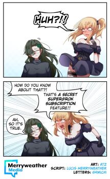 Rule 34 | 2girls, ani (xai), artist name, asymmetrical bangs, at2., bare shoulders, black collar, black dress, black gloves, black shirt, blonde hair, blue eyes, blush, border, breasts, chatgpt, cleavage, closed eyes, collar, commentary, dress, embarrassed, emphasis lines, english commentary, english text, full-face blush, glasses, gloves, green hair, hair ornament, highres, large breasts, logo, logo hair ornament, long hair, looking at another, merryweather, multiple girls, off-shoulder dress, off shoulder, open mouth, round eyewear, shirt, shouting, simple background, speech bubble, talking, turtleneck, turtleneck shirt, twintails, white background, white border, xai (company)