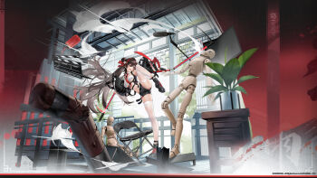 1girl :d absurdres artist_request brown_hair chair commentary_request copyright_notice detached_collar dummy girls&#039;_frontline girls&#039;_frontline_2:_exilium hairband highres jiangyu_(girls&#039;_frontline_2) necktie nunchaku official_art official_wallpaper open_mouth punching_bag red_hairband red_necktie second-party_source short_shorts shorts smile solo standing standing_on_one_leg teeth television thighhighs torn_clothes torn_thighhighs twintails type_97_(girls&#039;_frontline) upper_teeth_only weapon wide_sleeves yellow_eyes