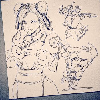 1girl ass boots bracelet bun_cover capcom china_dress chinese_clothes chun-li closed_mouth double_bun dress eyelashes greyscale hair_bun handstand jewelry leotard leotard_under_clothes lineart mitsumayo monochrome multiple_views puffy_short_sleeves puffy_sleeves short_hair short_sleeves spiked_bracelet spikes street_fighter thick_thighs thighs