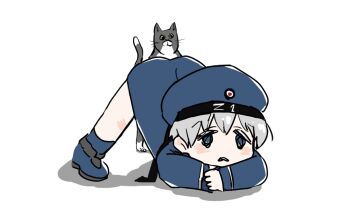 1girl arm_rest blue_dress blue_eyes blue_footwear blue_headwear blue_sailor_collar cat clothes_writing dress hands_on_ground hat jack-o&#039;_challenge kantai_collection karin_bluez3 meme sailor_collar sailor_dress sailor_hat short_hair silver_hair simple_background spread_legs top-down_bottom-up unsinkable_sam white_background wide_spread_legs z1_leberecht_maass_(kancolle)