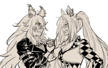 2girls ^_^ animal_ear_fluff animal_ear_piercing animal_ears arm_belt belt belt_buckle blush bracelet breasts buckle checkered_clothes checkered_jacket cleavage closed_eyes commentary_request crown ear_through_crown earrings fang fingernails fur_scarf greyscale halloween_costume hand_on_own_hip happy highres hishi_amazon_(baring_fangs_refrain)_(umamusume) hishi_amazon_(umamusume) holding_hands hoop_earrings horse_ears horse_girl hwipa_(param_blue) jacket jewelry korean_commentary lapels leather leather_jacket long_hair long_sleeves messy_hair mini_crown monochrome multicolored_jacket multiple_girls narita_brian_(apoyando_of_the_roar)_(umamusume) narita_brian_(umamusume) notched_lapels official_alternate_costume open_mouth pointy_nose ring sidelocks simple_background sleeve_cuffs smile studded_belt sweat twintails two-tone_jacket umamusume upper_body very_long_hair werewolf_costume white_background yuri